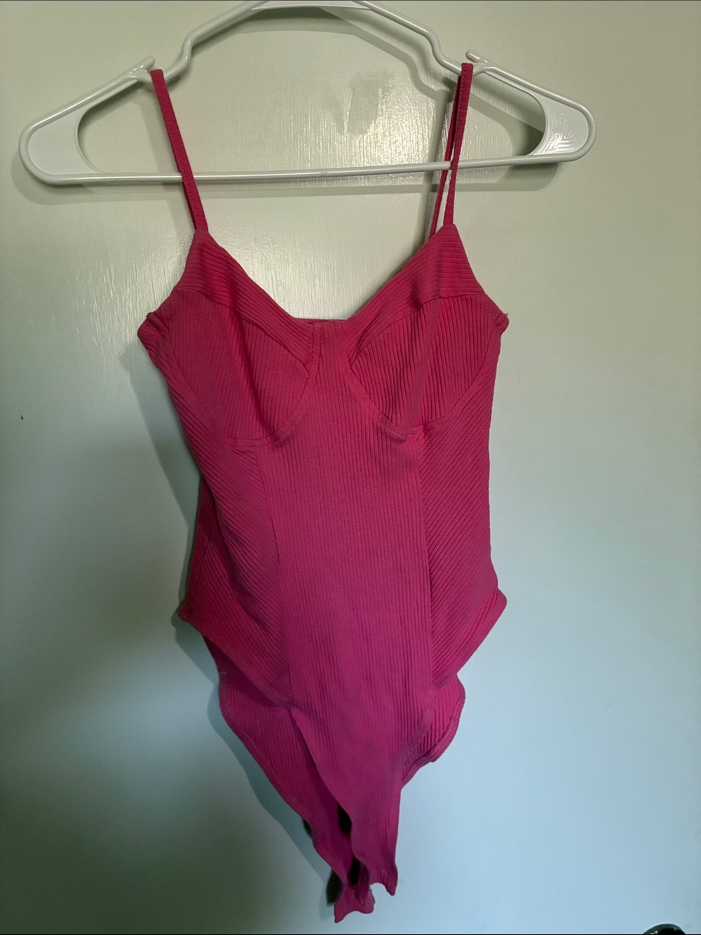 SHEIN Pink Ribbed Bandeau Bodysuit with Spaghetti Straps